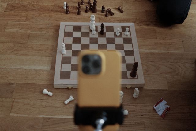 a photograph of a camera taking a picture of a chess game