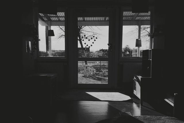 a photograph of a black and white photo of a window with a view of a tree