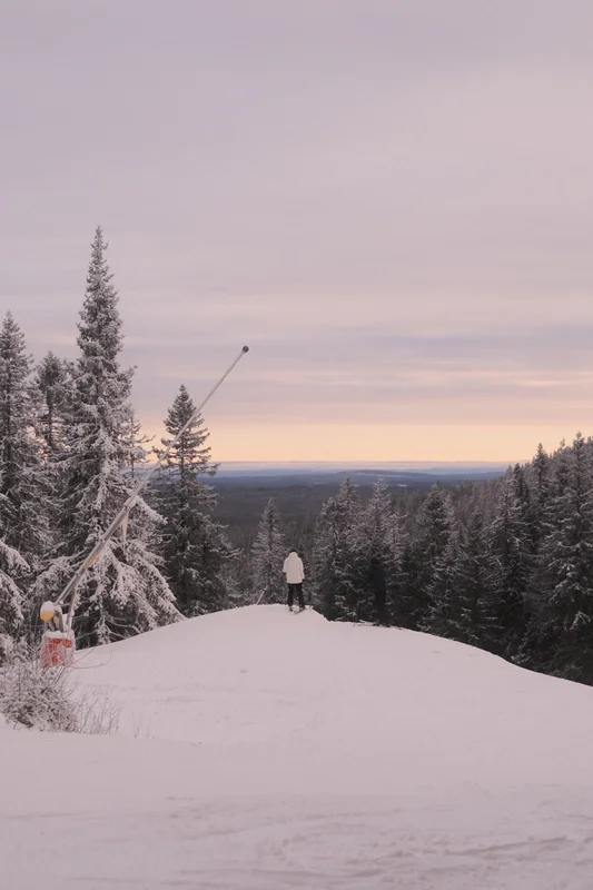 Person standing on snowy ridge among pine trees at dusk, with a ski lift pole nearby