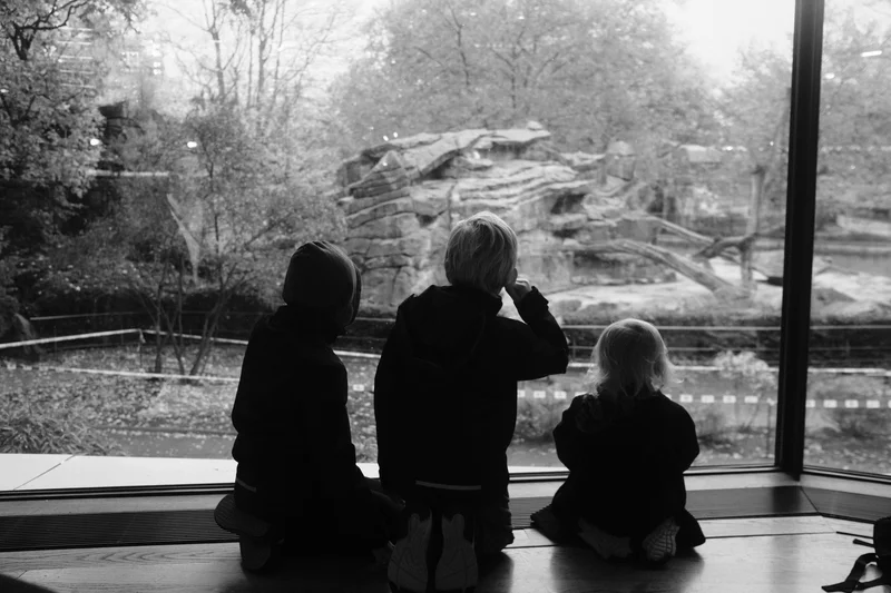 Three children in dark clothing kneel by a window watching animals behind glass and water.