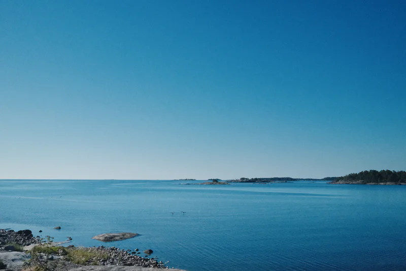 Calm blue sea with rocky shoreline in the foreground and forested coast in the distance under clear sky.