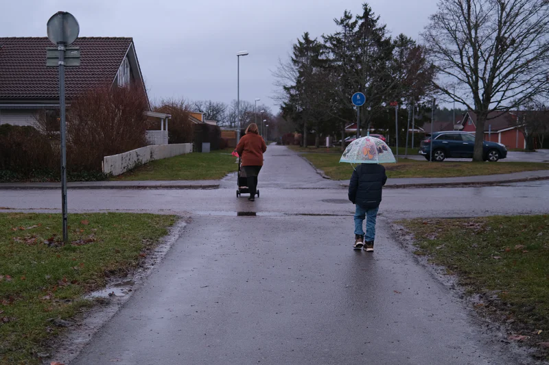 Two people walk away on a wet street, one carrying a colorful umbrella, in a suburban neighborhood.