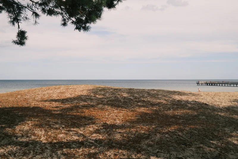 Rocky sandy beach with sea and a small dock in the distance under a cloudy sky.
