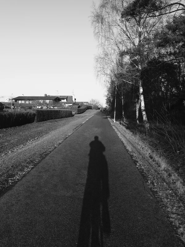 Empty paved path with the cyclist’s long shadow in the foreground and houses along the sides.