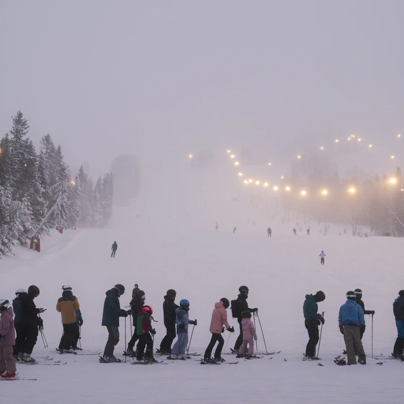 Group of skiers stand on a snowy slope at dusk with a string of lights overhead.
