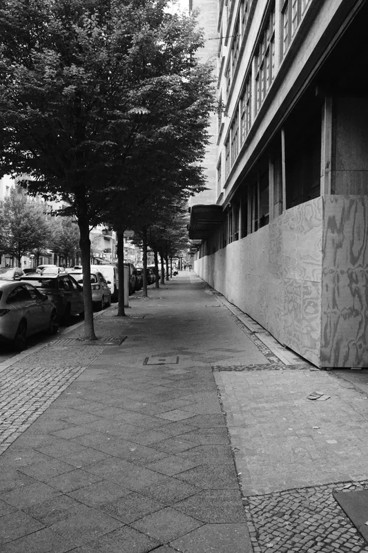 Black-and-white street scene with sidewalk, parked cars, trees, and a building wall covered in graffiti.