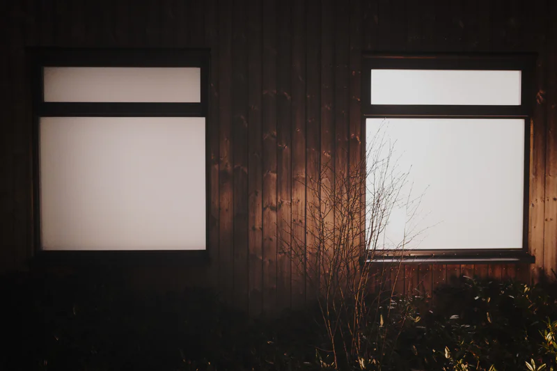 Dark wooden house wall with two bright windows and leafless branches in front