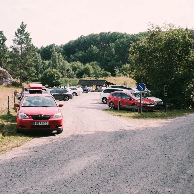 Parking lot with multiple cars, a red station wagon in foreground, and trees in the background.