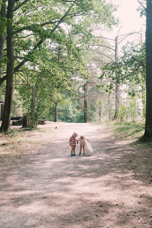 Two children walk on a dirt path in a wooded area with large trees and green foliage.