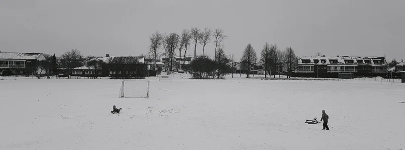 Snow-covered field with a person walking and buildings and bare trees in the distance.