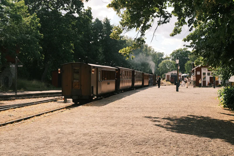 Steam locomotive pulls vintage passenger cars along a railway platform with people standing nearby.