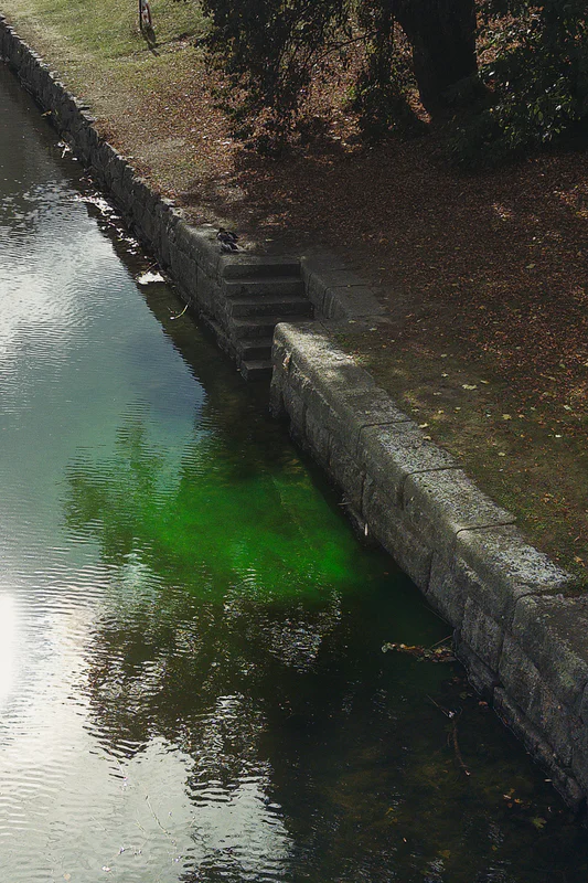 Stone-lined canal with stair steps on the bank and green-tinted water along the edge.