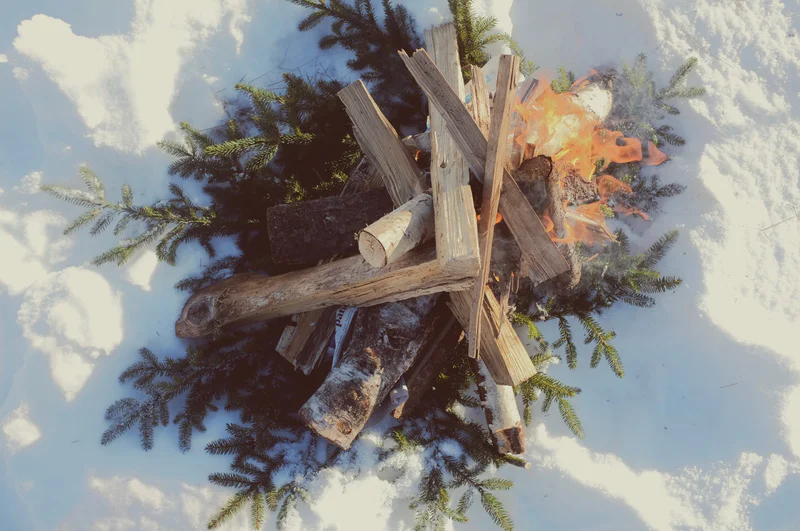 Snow-covered evergreen branches clustered around stacked wooden kindling and logs, with flames burning.