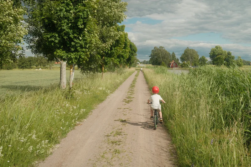 Child in a red helmet rides a bicycle on a dirt path through green fields and trees.