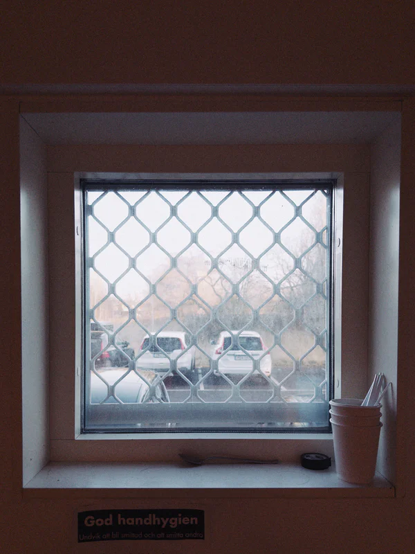 Window with a metal mesh screen, parked cars outside, and a “God handhygien” sign on the sill.