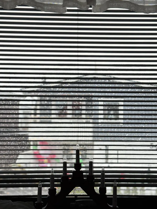 Black window blinds with a metal window frame and curtain at the top.