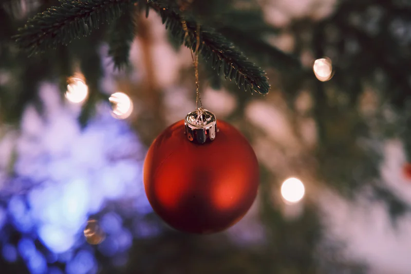Red Christmas ornament hanging from a pine branch with blurred lights in the background.