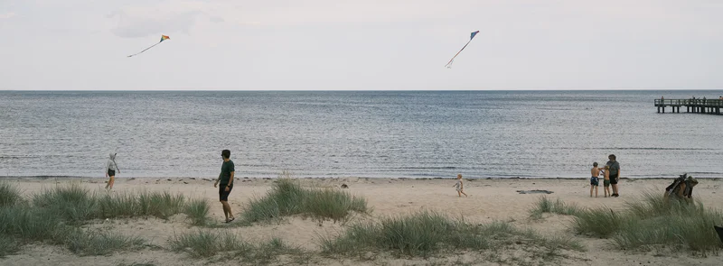 People walking on a sandy beach near the ocean, with kites flying overhead.