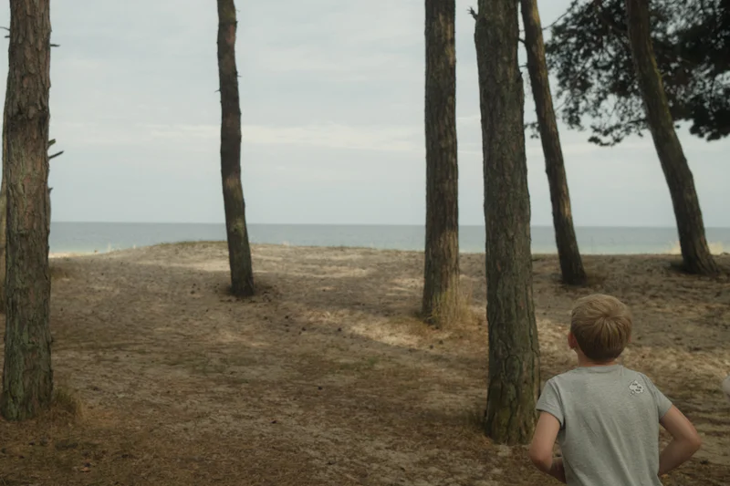 Child stands on a sandy path beneath tall trees, facing the ocean in the distance.