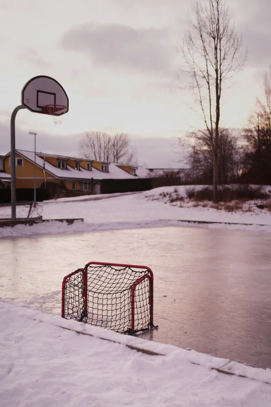 Red and black soccer goal on an ice field, with bare trees and buildings in the background.