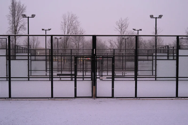 Metal fence with multiple floodlights and bare trees in a gray, overcast sky.